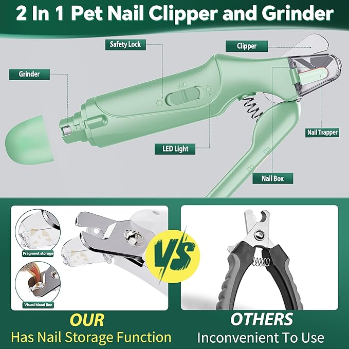 2 in 1 Dog Nail Clippers & Cat Nail Clippers Trimmers for Large Medium Small Dogs Cats Claw Trimmer Quick Sensor and Safety Guard USB Rechargeable with 2 LED Lights Dogs Nail Trimmer