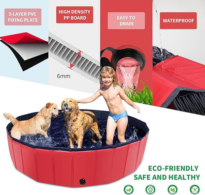 Foldable Dog Pool, 39" x 12" Kiddie Pool with Hard Plastic, Non-Slip Dog Bath Tub for Outdoor Backyard, Collapsible Dog Swimming Pool for Kids Dogs Pets (Red)