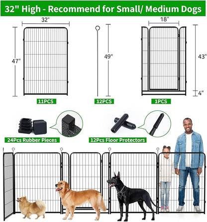 Dog Playpen Outdoor Extra Wide 12 Panels Heavy Duty Dog Fence 47" Height Anti-Rust with Doors Portable for RV Camping Yard, Total 32FT, 79 Sq.ft, Snowy Black