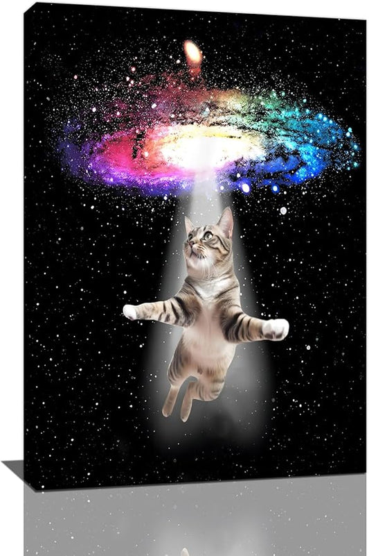 Funny Cat Wall Art Canvas Galaxy Wall Decor Prints Framed Painting Animal Pictures Gifts Artwork for Bathroom Living Dining Kitchen 16"x24"