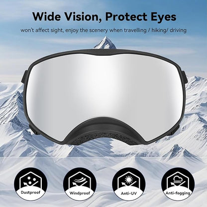 Dog Sunglasses UV Protection Clear Dog Goggles Windproof Glasses with Elastic Straps for Medium-Large Breed, Black Frame + Silver Lens