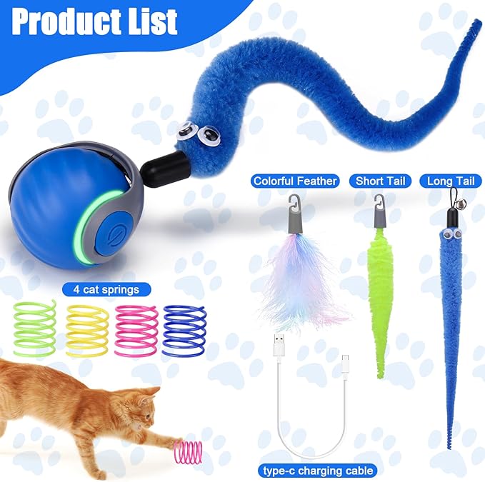 AIERSA Interactive Cat Toys for Indoor Adult Cats, Automatic Self-Play Cat Ball Toy for Kitten to Keep Them Busy, Electric Speed Tail Moving Cat Toy with 3 Tails and 4 Springs (Blue)