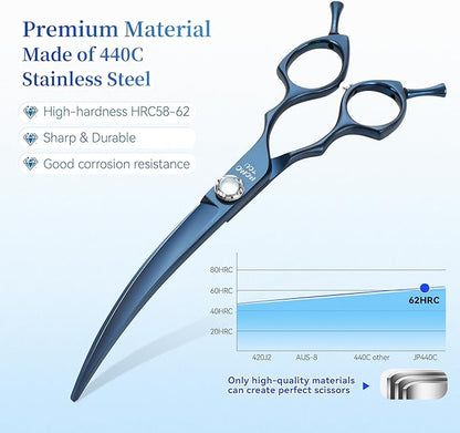7 inch Matte Blue Curved Dog Grooming Scissors Professional 440C Stainless Steel Dog Shears Smooth Cutting Comfortable Grip and Easy to Use for Groomers and Home Use