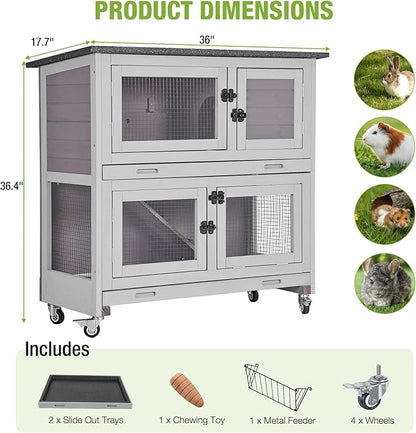 2 Story Rabbit Hutch Indoor Outdoor Rabbit Bunny House Guinea Pig Cage Wooden Pet House for Small Animals with 2 Large Rooms, Chewproof Ramp, Ventilation Door, Removable Trays (Grey)