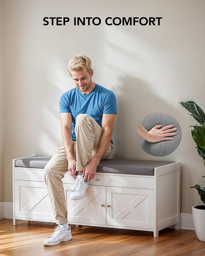 Amada Shoe Storage Bench, Entryway Bench with Cushioned Seat & Lift Top Storage, 3 Doors, Adjustable Shelf, 300 lbs Capacity, Bench with Shoe Rack for Entryway, Bedroom, Living Room, White