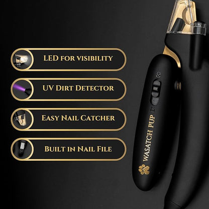 3-in-1 Dog Nail Trimmers and Pet Nail Clippers - Professional Grade with Stainless Steel Blades, LED & UV Light, and Nail Filer for Safety & Precise Toenail Pet Grooming - S to M Dogs