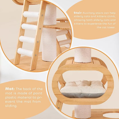 76.8'' Modern Cat Tree for Indoor Cats, Tall Wooden Cat Tower for Home Decoration, Multi-Level Tower with Transparent Cat Bed, Huge Cat Condo for Multi-Cat Families