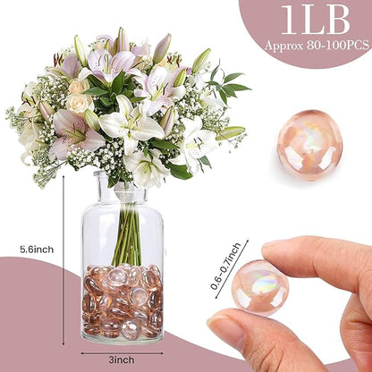 FUTUREPLUSX 1LB Pink Flat Glass Marbles, Vase Fillers Gems Fish Bowl Marbles Decorative Glass Pebbles for Vases Aquarium Floral Smooth Stone