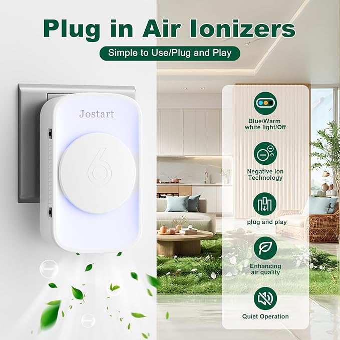 Air Ionizers for Home (6 Pack),Negative Ion Air Filter,Quiet Plug in air fresheners for Bedroom, Office, Kitchen,Garage,Portable Air Purifiers Odor, Smoke Dust, Pets, Mini Air Cleaner White