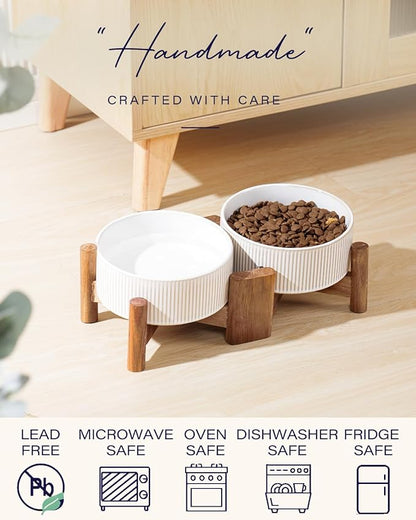 Getstar Ceramic Dog Bowls with Acacia Wood Stand, 30 fl oz, Set of 2, Dog Food Bowl, Cat Bowls (6.5 inches) (Vintage White)
