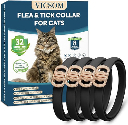 Flea and Tick Collar for Cats - 4 Pack, 32 Month Protection Treatment, Waterproof, Natural Prevention, Adjustable for Cats & Kittens (Black)