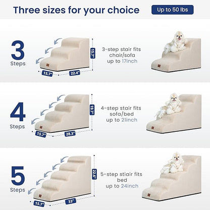 GoGoBunny Ramp Dog Stairs for High Beds 22.6" H, 5-Step Dog Slope Stairs with Durable Waterproof Fabric Cover, Pet Steps for Old Large Dogs Climbing, Non-Slip Sturdy Indoor Step, Beige
