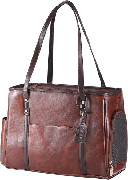 Fashion Dog Carrier Purse, Premium Leather Cat Carrier Bag, Airline Approved Soft Sided Pet Travel Tote Bag with Pockets Coffee