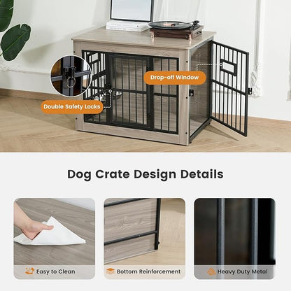 Gardner Pet Dog Crate Furniture for Medium Dogs, 32.7 Inch Dog Kennel Indoor, Wooden Dog Cage End Table with 2 Removable Bowls, Heavy Duty Dog Crate, Rustic Grey