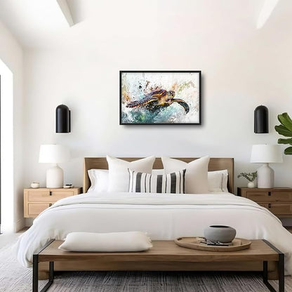 Extra Large Framed Sea Turtle Wall Art,Oversized Abstract Colorful Sea Nautical Wall Decor Pictures for Living Room,Canvas Print Painting Modern Artwork Bedroom Office Bathroom Home Decor 36L x24W