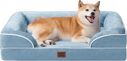EHEYCIGA Orthopedic Dog Beds for Large Dogs, Waterproof Memory Foam Large Pet Bed with Sides, Non-Slip Bottom and Egg-Crate Foam Dog Couch Bed with Washable Removable Cover, Washed Blue
