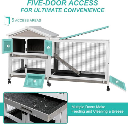 2-Tier Rabbit Hutch with Wheels, Indoor & Outdoor Small Animal Cage with Deep Pull-Out Tray, Anti-Chew Frame, Habitat for Bunny, Guinea Pig, Chinchilla (60" L x 19" W x 35" H)