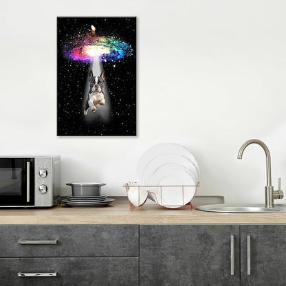 Funny Dog Wall Art Canvas Boston Terrier Wall Decor Prints Framed Painting Bulldog Galaxy Pictures Gifts Artwork for Bathroom 16"x24"