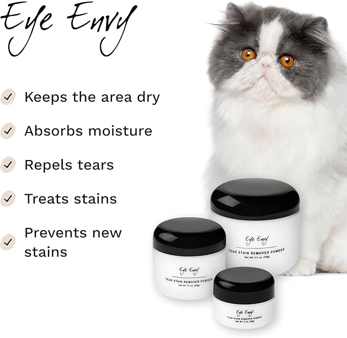 Eye Envy Tear Stain Remover Powder for Dogs and Cats. 100% Natural, Safe. Apply Around Eyes. Absorbs and Repels Tears. Keeps Area Dry. Treats The Cause of Staining. Made in The USA. (.5 oz)