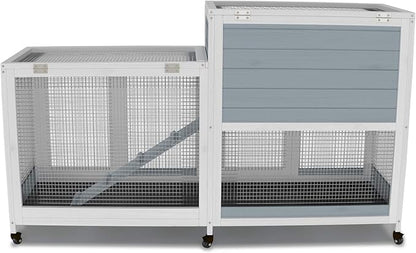 GDLF Two Floors 58" Wooden Indoor Bunny Hutch Rabbit Cage on Wheels Guinea Pig PET House for Small to Medium Animals Waterproof No Leak Tray