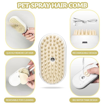 3-in-1 Rechargeable Steam Brush for Cats & Dogs - Anti-Static Spray Pet Grooming Brush with Warm Mist Massage, Hair Shedding Control, Detangling Comb & Cleaning Tool for Effective Deshedding