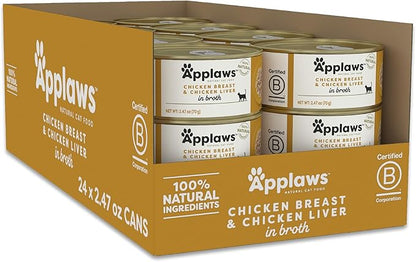 Applaws Natural Wet Cat Food in Broth, Limited Ingredient Canned Wet Cat Food, No Additives, Made with Natural Ingredients, Chicken Breast & Liver in Broth (24 x 2.47oz Cans)