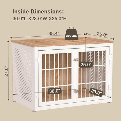 38" Heavy Duty Dog Crate Furniture for Large and Medium Dogs,Wooden Metal Kennel for High Anxiety Dogs, Chew Proof Pet Cage Indoor, Decorative Dog Kennel End Table, White