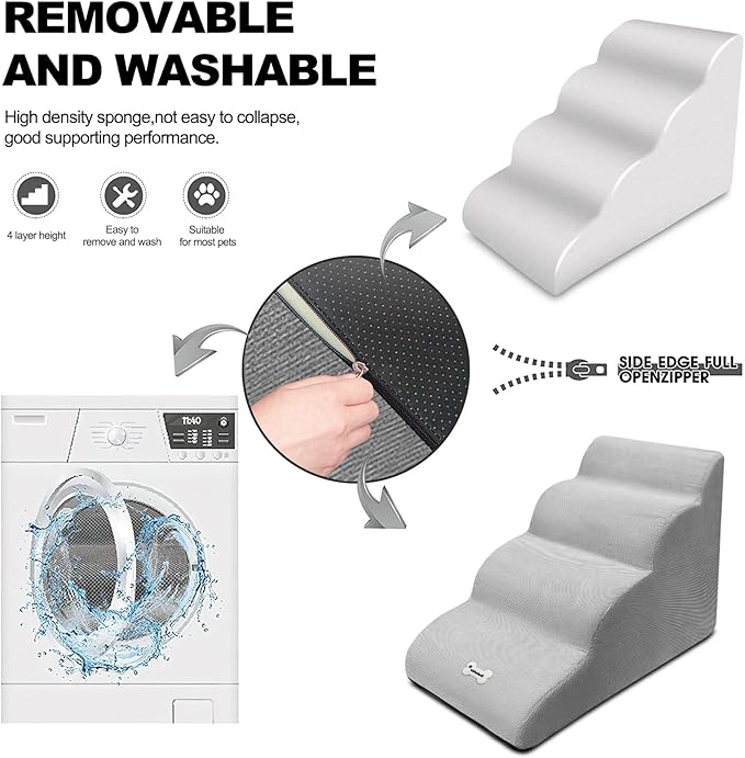 Dog Stairs, Removable and Washable Pet Stairs, 4-Steps Non-Slip Pet Ramp, Dogs Steps for High Bed Sofa, High Resilience Sponge Dog Stairs(Dark Brown)