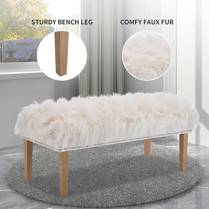 46 Inch White Bedroom Bench, Modern Multi-Purpose Bench with Wooden Legs, Faux Fur Upholstered, 3-Seater, 220 lbs Weight Capacity