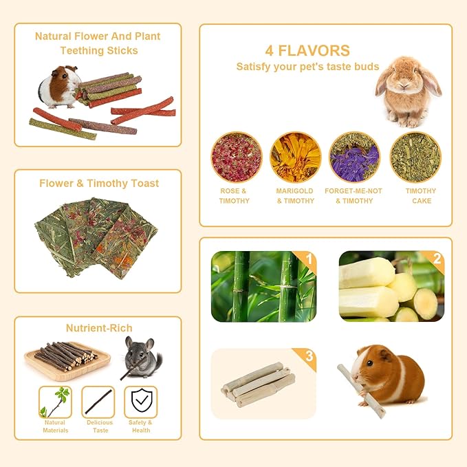 65PCS Rabbit Bunny Guinea Pig Chew Toys Treats, Chinchilla Hamster Chews Toys for Teeth, Timothy Hay Chips Treats Sticks for Rabbit Guinea Pig Chinchilla Hamster Rat