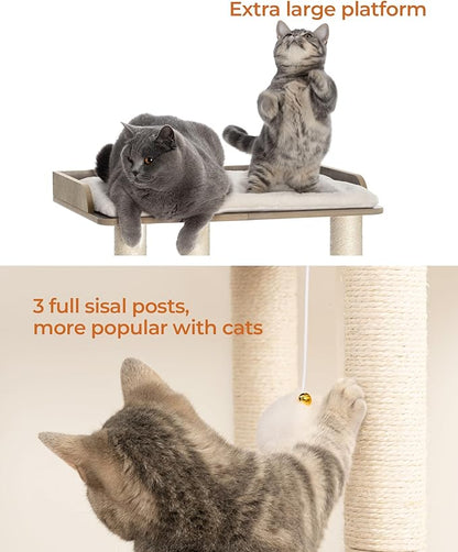FourFurPets 22in Cat Tree Tower Condo, Cat Scratch Posts for Indoor Cats, Big Plate, Three 23.6in Full Sisal Scratching Posts, Greige