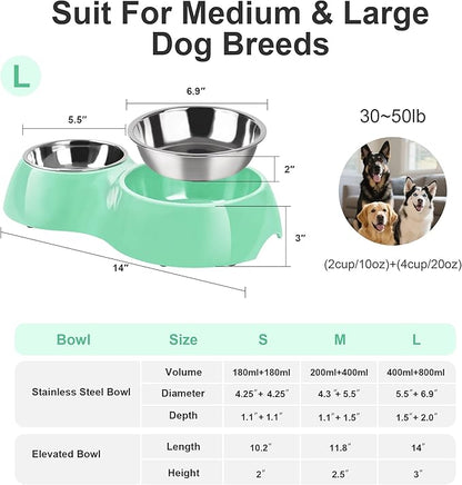 Elevated Dog Bowls Set - Non-Slip Raised Pet Feeder with Medium (2 Cups) & Large (4 Cups) Stainless Steel Bowls - Includes Durable Resin Stand for Puppies, Adult Dogs & Cats - Green