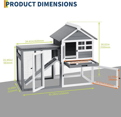 2-Tier Rabbit & Chicken House,Wooden Chicken Coop & Bunny Cage with Non-Slip Ramp, 4 Doors,Waterproof Roof & Pull-Out Tray,Outdoor/Indoor Pet Cage