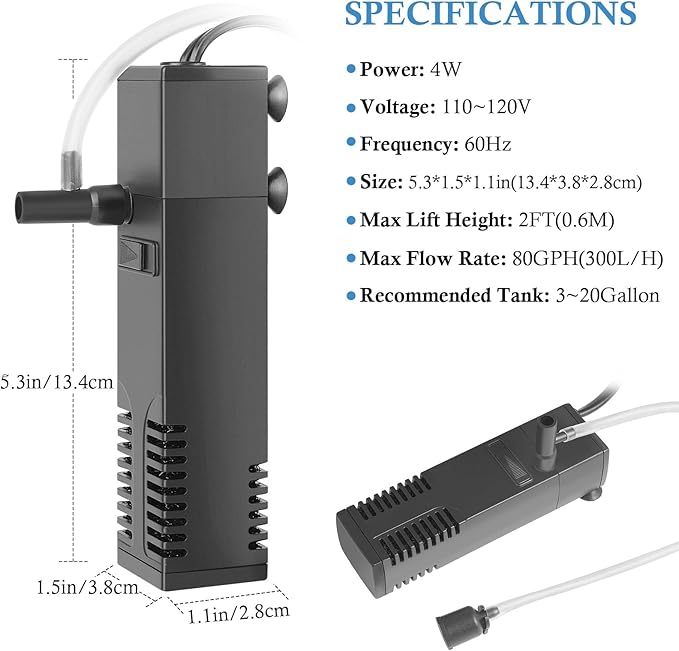 FEDOUR Submersible Aquarium Internal Filter, Filter with Water Pump for Fish Tank up to 35 Gallon (for 3-20 Gallon)