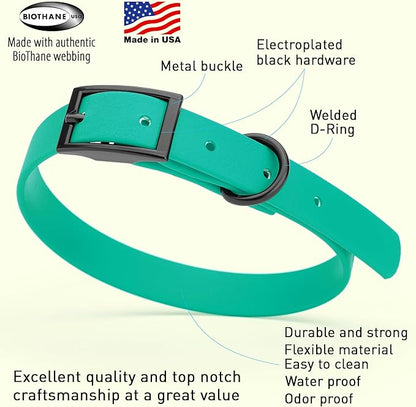 Dogline Biothane Waterproof Dog Collar Strong Coated Nylon Webbing with Black Hardware Odor- Proof for Easy Care Easy to Clean High Performance Fits Small Medium or Large Dogs, Teal