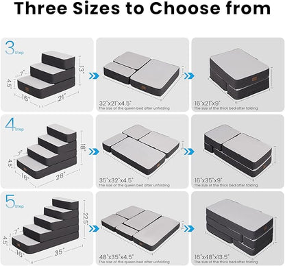 4-Step Adjustable Dog Stairs for Beds, Dog Steps for Small Dogs and Cats, Foldable Pet Stairs for Bed Climbing, Non-Slip Pet Step Indoor, Grey