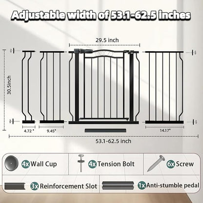 53.1-62.5 Inch Extra Wide Baby Gate, Pressure Mounted Dog Gate Indoor, Walk Thru Pet Gate for Cat Dog Child,Pet Gates for The House Doorway Black