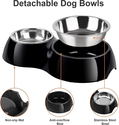 Double Dog Bowls Set – Non-Slip Pet Food & Water Dishes with Resin Stand, Includes Small (1 Cup) & Medium (2 Cups) Bowls – Ideal for Puppies, Cats, and Medium Dogs –Black