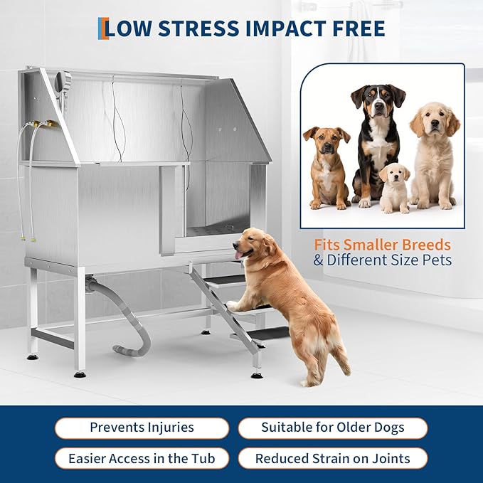 50" Stainless Steel Professional Dog Washing Station - Pet Bathing Tub w/Non-Slip Stairs | Slip-Resistant Floor Grate | for Large/Medium/Small Dogs