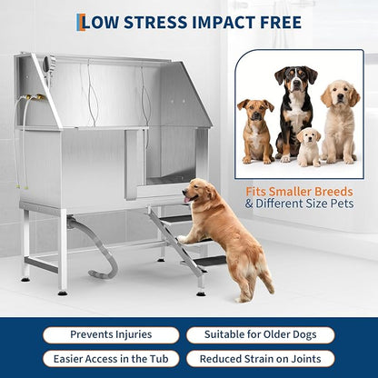 50" Stainless Steel Professional Dog Washing Station - Pet Bathing Tub w/Non-Slip Stairs | Slip-Resistant Floor Grate | for Large/Medium/Small Dogs