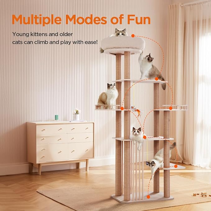 68" Large Cat Tree, Solid Wood Multi-Level Cat Tower with Scratching Posts, Fun Toys, and Washable Plush Platform for Indoor Cats