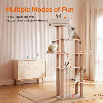 68" Large Cat Tree, Solid Wood Multi-Level Cat Tower with Scratching Posts, Fun Toys, and Washable Plush Platform for Indoor Cats