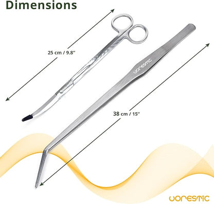 2PCS 15" Curved Aquarium Tweezers Long and 9.8" Aquarium Scissors, Feeding Tongs and Scissors with Protective Cap, Stainless Steel Aquascaping Tools for Plant Trimming and Reptile Feeding