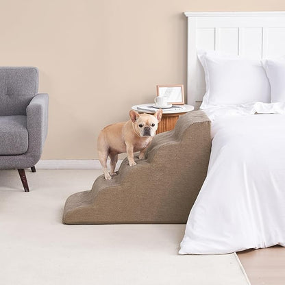 EHEYCIGA Curved Dog Stairs Ramp for High Beds, 5-Step Extra Wide Dog Steps for Small Dogs and Cats, Pet Stairs for High Bed Climbing, Non-Slip Balanced Pet Step Indoor, Camel