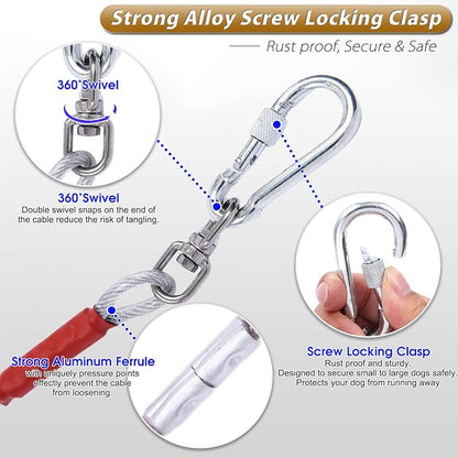 Dog Tie Out Cable for Dogs Outside Up to 250lbs,10/20/30/50/100FT Long Dog Leash&Chains,Small-Large Dogs Runner Cable for Yard,Heavy Duty Lead Line for Outdoor,Camping,Yard (250lbs 100FT, Silver)