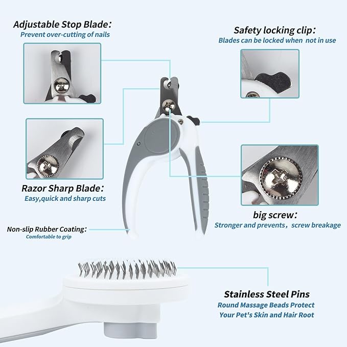 2PCS Pet Grooming Kit，Cat Brushes、Cat Nail Clipper，Cat Grooming Brush for Sedding and Grooming Fur（Grey）