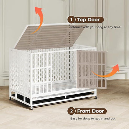 48 Inch Heavy Duty Indestructible Dog Crate Steel Escape Proof, Indoor Double Door High Anxiety Cage, Kennel with Wheels, Removable Tray,White,Extra Large XL XXL