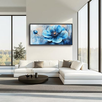Extra Large Abstract Blue Flower Framed Wall Art for Living Room,Oversized Elegant Floral Pictures Wall Decor,Canvas Print Painting Modern Artwork Bedroom Office Bathroom 60L" x 30W"