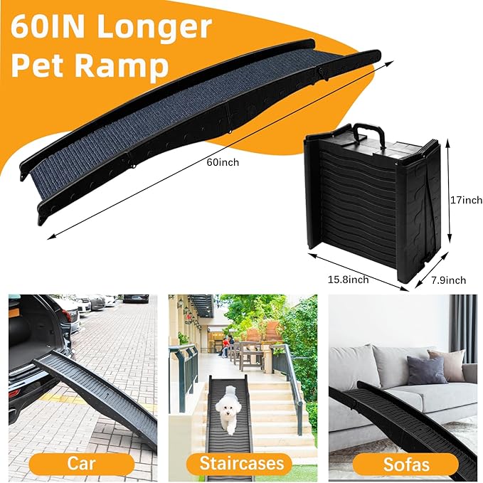 Dog Ramp for Car, Pet Ramp with Removable Non-Slip Pads for Large Small Medium Dog Cat, 60''x16'' Folding Pet Ramp to Get on Truck SUV Van Up to 150LBS, Car Ramp for Pets Outdoor Indoor