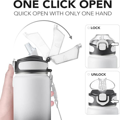 Enerbone 32 oz Insulated Water Bottle, Stainless Steel Bottle with Carrying Strap, Double-Wall Vacuum Insulation Design, Leakproof Sports Bottle with Straw, Keep Drinks Cold or Hot for Hours